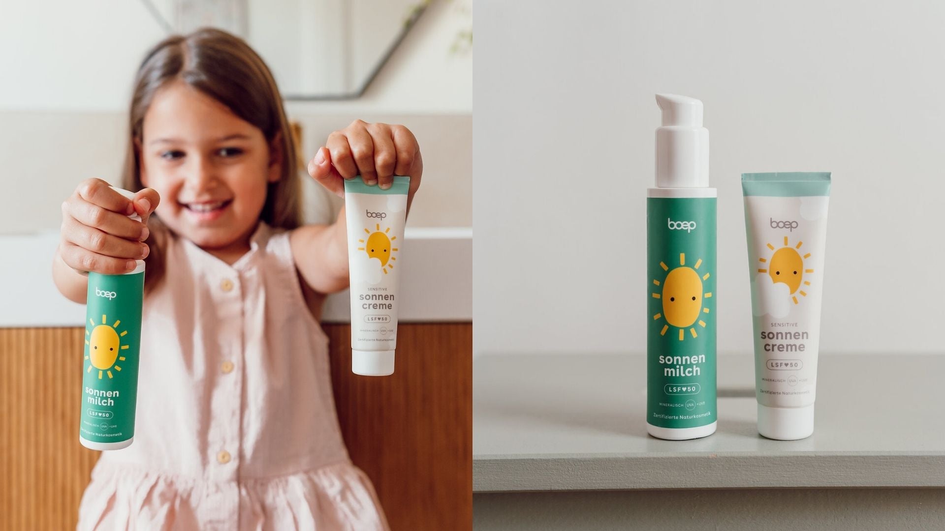 Auf der linken Seite hält ein Mädchen die Mineralische Sonnenmilch und die mineralische Sonnencreme mit LSF50 von das boep für Schwangere, Babys, Kinder und empfindliche Haut in die Kamera und rechts stehen die beiden Produkte auf einem Tisch.