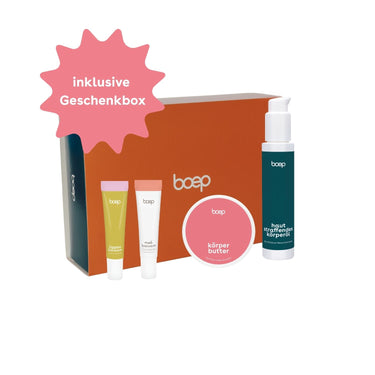 Geschenk für Schwangere in Geschenkbox mit Pflege bei wunden Brustwarzen vom Stillen, Körperbutter, Körperöl für den Babybauch und Lippenbalsam