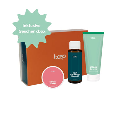 Das Set kleine Auszeit für Schwangere und Mamas von das boep besteht aus der Körperbutter und dem hautstraffenden Körperöl für den Babybauch und einer Pflegedusche als Naturkosmetik Duschzeug