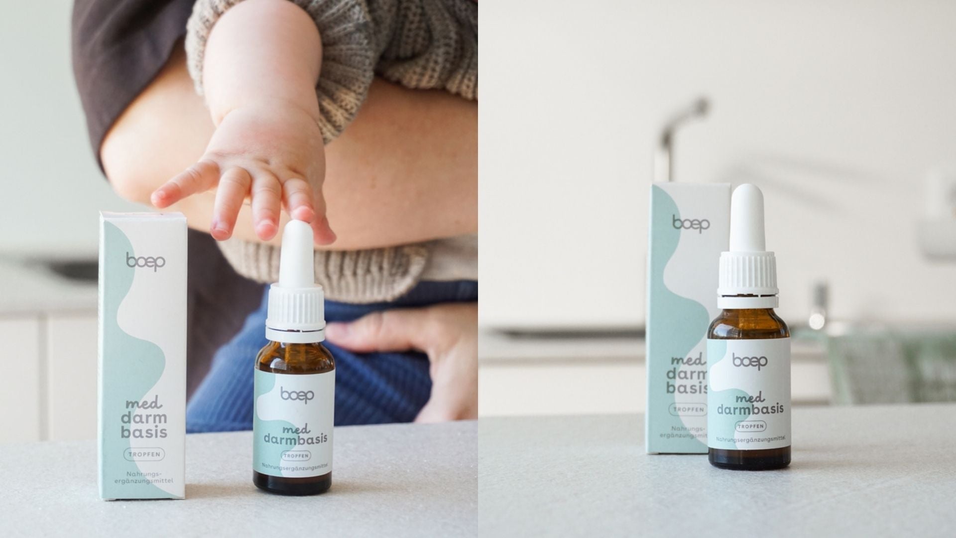 Babyhand greift nach Darmbasis Tropfen von das boep gegen Baby Bauchschmerzen