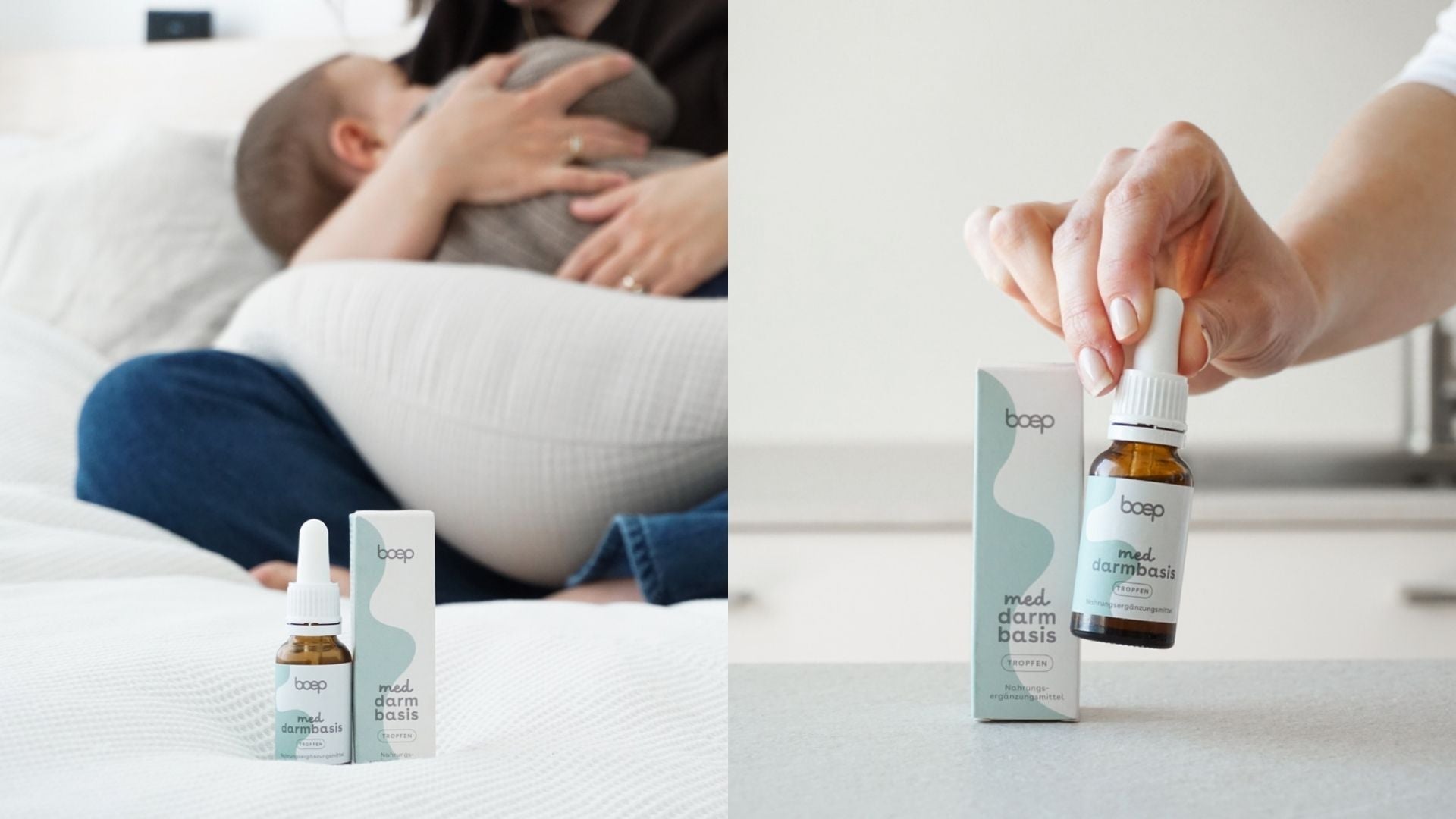 Babyhand greift nach Darmbasis Tropfen von das boep gegen Baby Bauchschmerzen