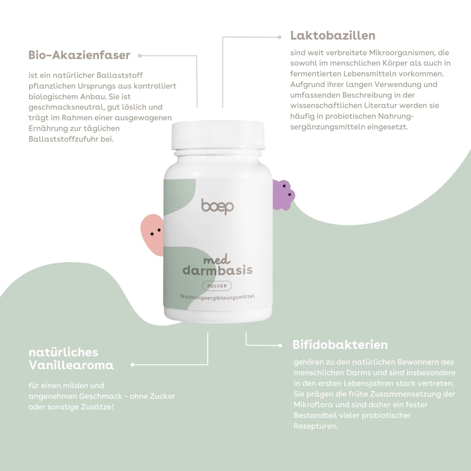 boep Darmbasis Pulver Illustration für die wichtigsten Eigenschaften des Produktes.