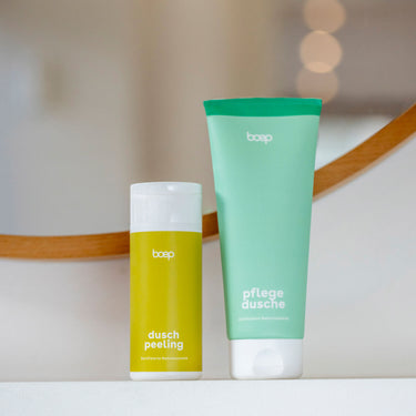 Pflegeset von das boep im Angebot mit Duschpeeling und Pflegedusche