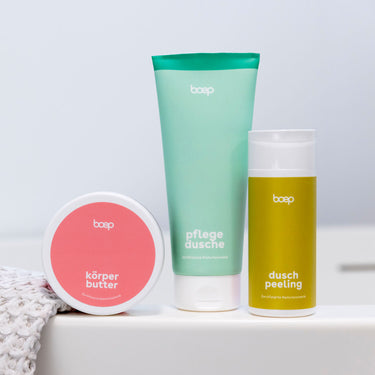 Geschenkset kleine Auszeit von das boep als Geschenk für Schwangere mit Körperbutter, Pflegedusche und Duschpeeling.