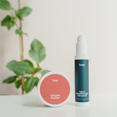 Das boep Geschenkset für Schwangere enthält die Körperbutter und das hautstraffende Körperöl zur Pflege während der Schwangerschaft